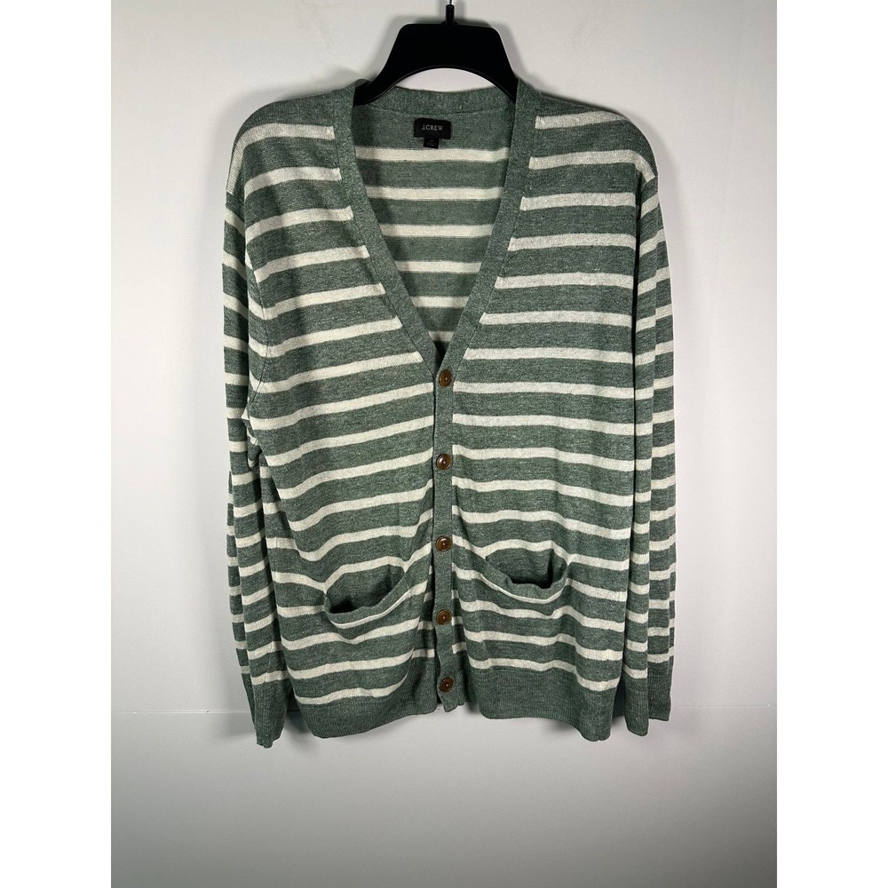 J.Crew Cardigan Womens M Linen Striped Knit V-Neck Button Front Pocket Green